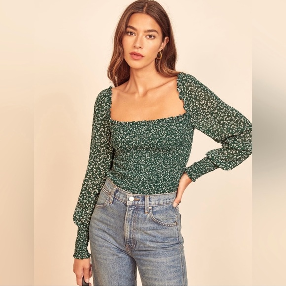 Reformation Emerald Smocked Blouse NWOT - Picture 1 of 7